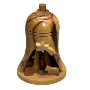 Olive Wood Nativity Bell Bethlehem Hand Carved Christmas‎ Ornament Decor